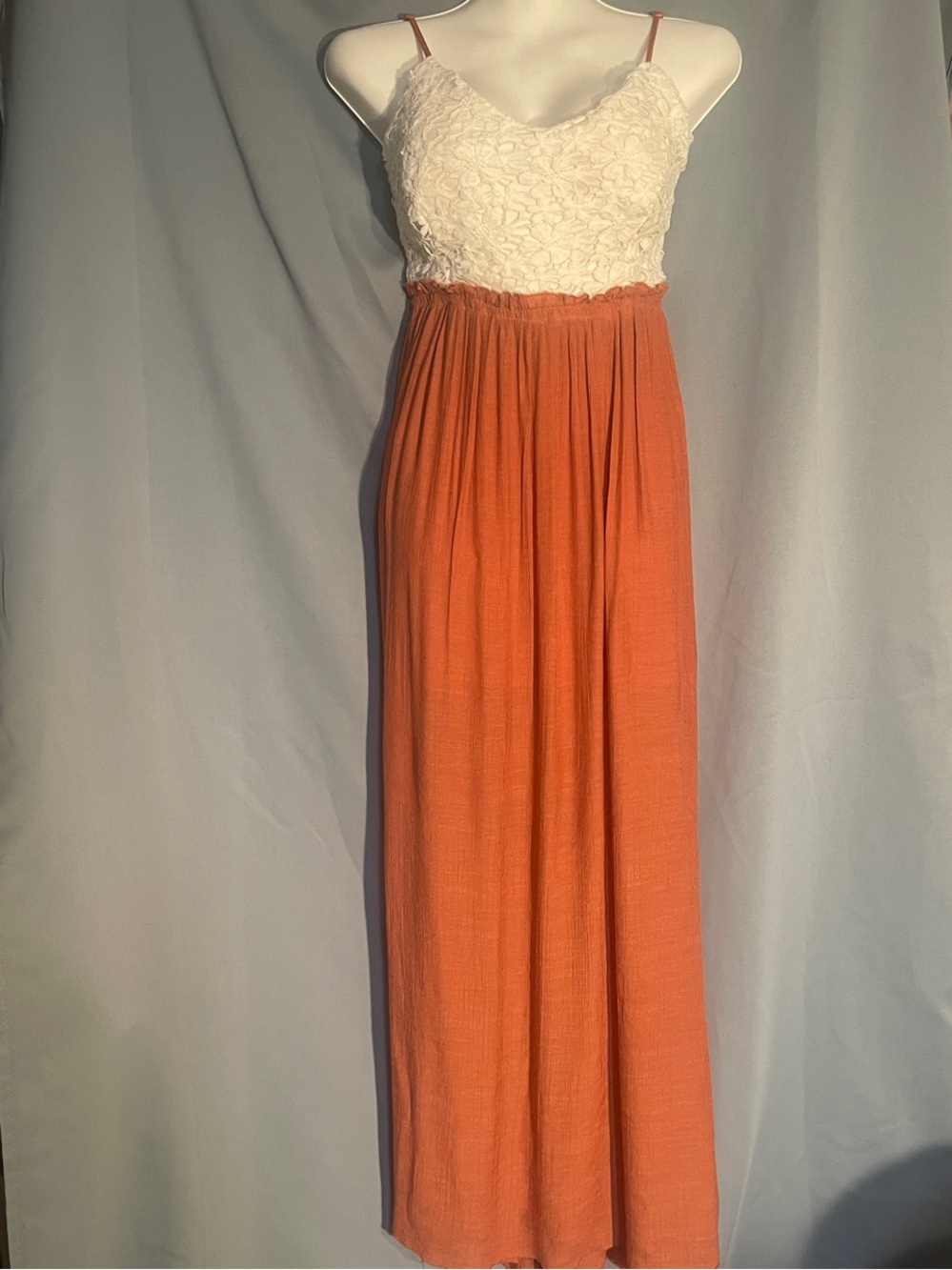 Mind Code Cream Lace Bodice Coral Maxi Dress